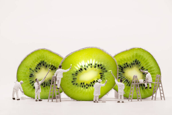 Miniature painters coloring Kiwi slices. Macro photo