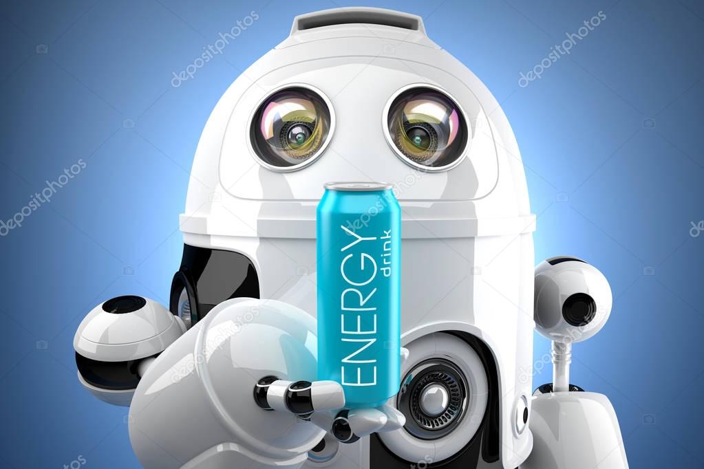 Robot with energy drink can. 3D illustration. Contains clipping path of can and entire scene