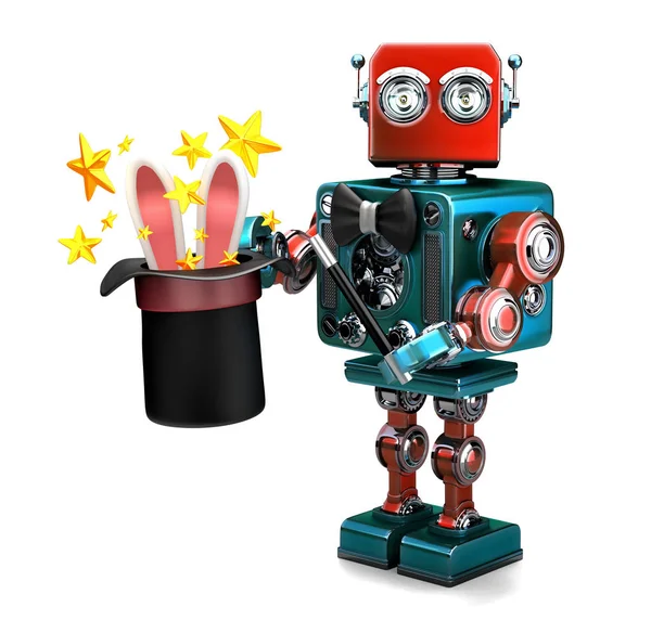Vintage Robot showing tricks with magic hat. 3D illustration. Isolated. Contains clipping path — Stock Photo, Image
