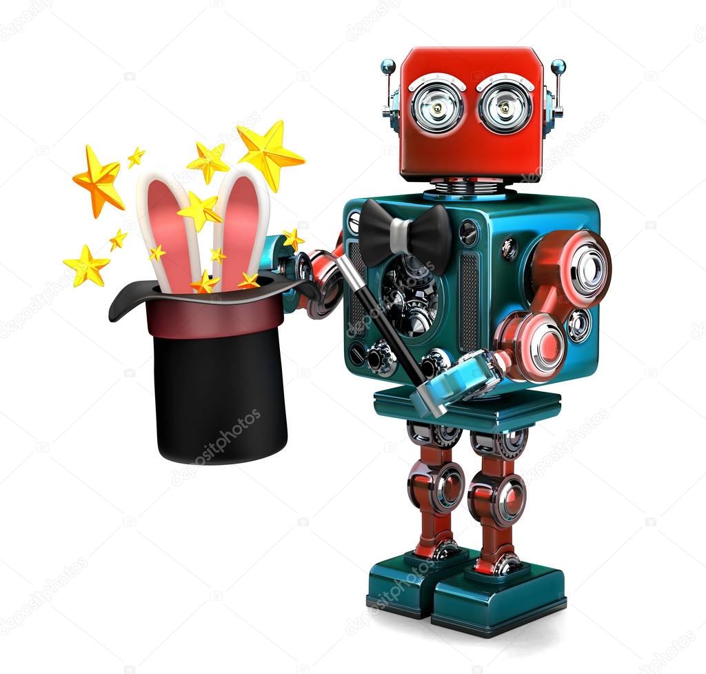 Vintage Robot showing tricks with magic hat. 3D illustration. Isolated. Contains clipping path