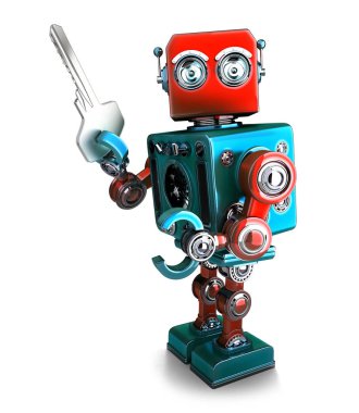 Retro Robot bir tuşuna basılı tutarak. 3D çizim. İzole. C içerir