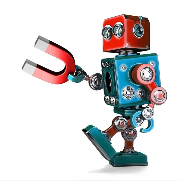 Retro Robot trzyma magnes. ilustracja 3D. Na białym tle. Zawiera ścieżkę przycinającą. — Zdjęcie stockowe