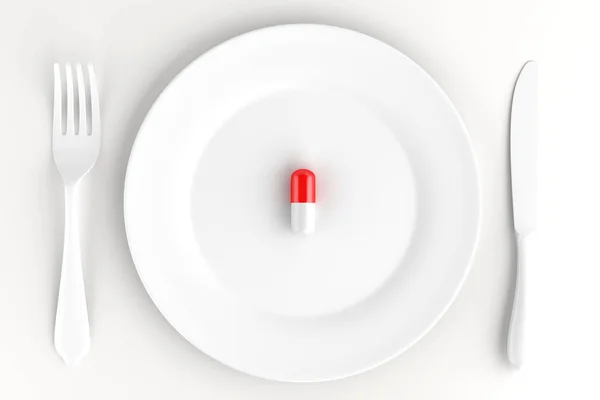 Ένα άδειο πιάτο με ένα χάπι. Διαιτητικές έννοια. 3D απεικόνιση — Φωτογραφία Αρχείου