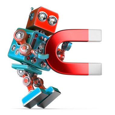 Retro robot büyük bir mıknatıs tutan. 3D çizim. İzole. Kırpma yolunu içerir.
