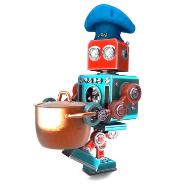 Tencere ile robot Şef. 3D çizim. İzole. Kırpma yolunu içerir.