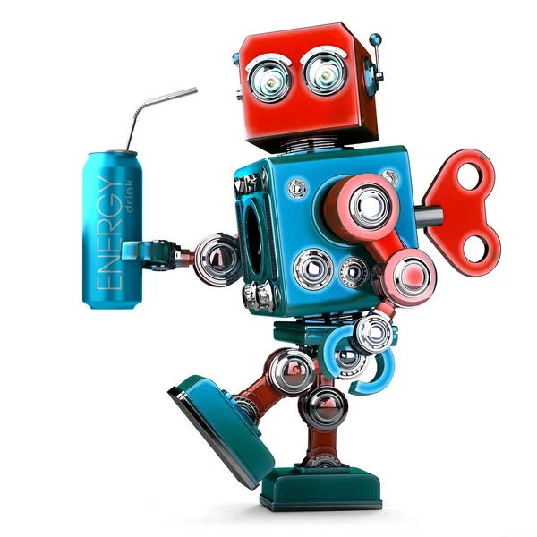 Robô com lata de bebida energética. Conceito de tecnologia. Ilustração 3D — Fotografia de Stock