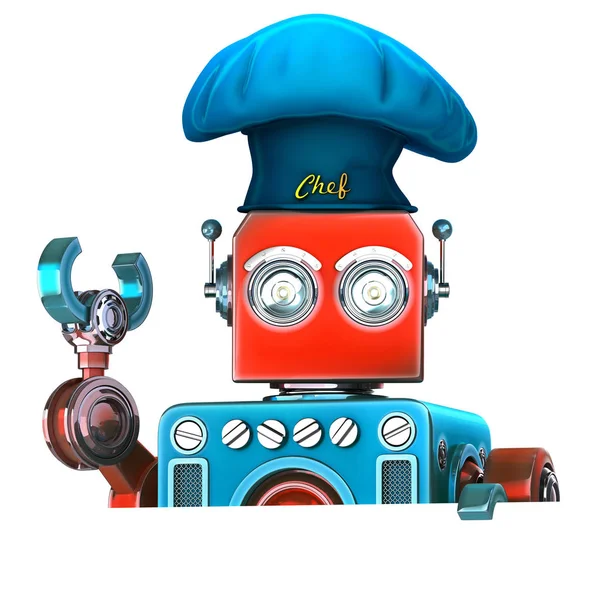 Robot šéfkuchař s prázdné prázdné palubě. 3D obrázek. Izolovaný. Obsahuje ořezovou cestu. — Stock fotografie