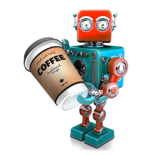 Kahve molası. Bir fincan kahve retro robot elinde. 3D çizim. İzole. Kırpma yolunu içerir. — Stok fotoğraf