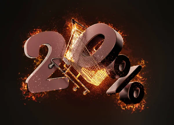 Burning shopping cart and red twenty percentage discount sign. 3D illustration. — Stock Photo, Image