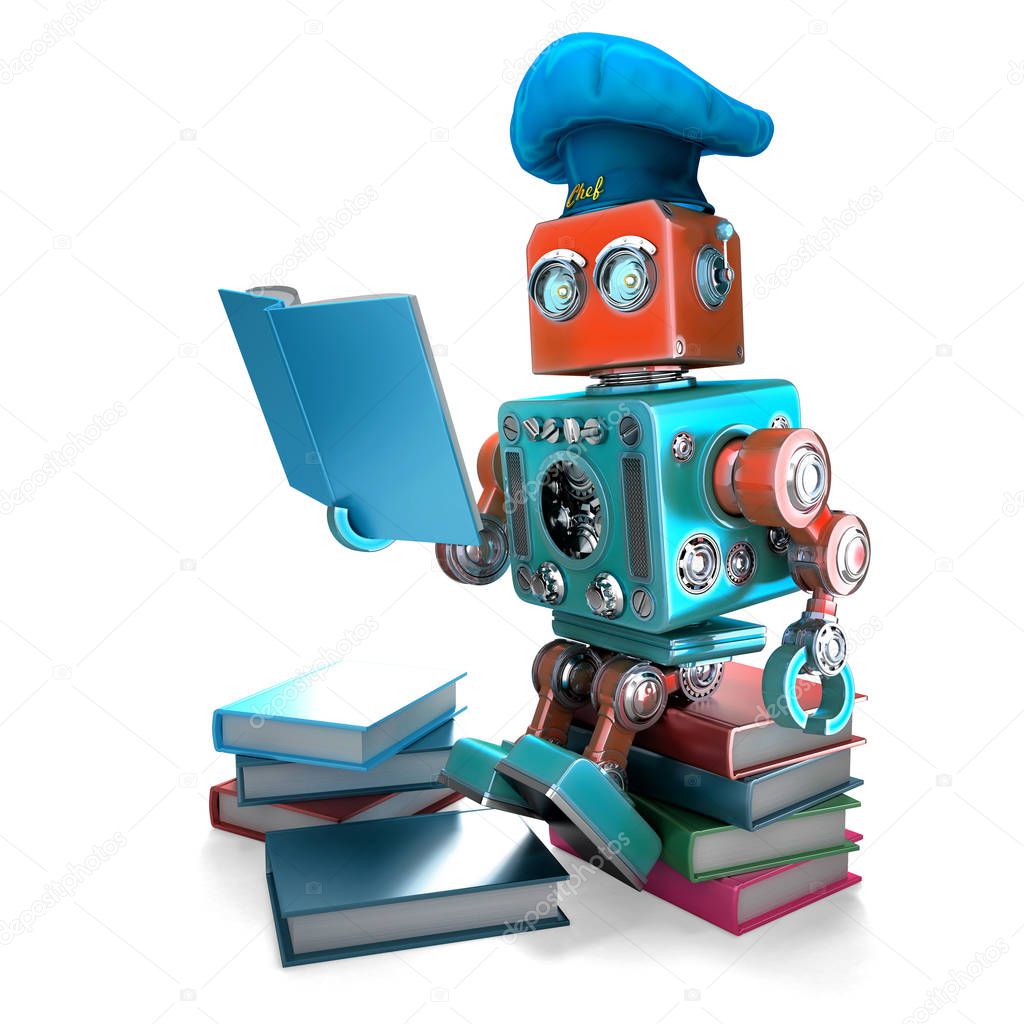Robot Chef reading cookbook. 3D illustration. Isolated. Contains clipping path
