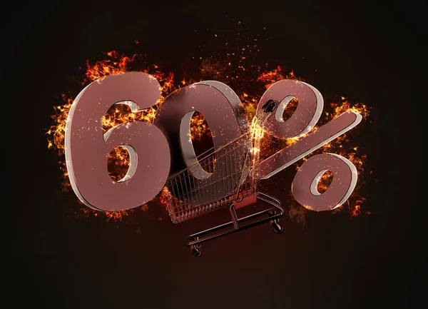 Burning carrello della spesa e rosso 60% segno di sconto. Illustrazione 3D . — Foto Stock