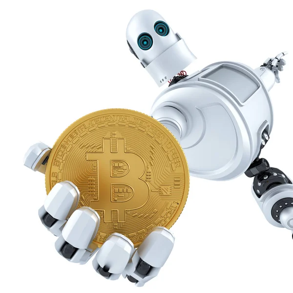 Roboter, der Gold-Bitcoin hält. 3D-Illustration. Vereinzelt. enthält Schnittpfad. — Stockfoto