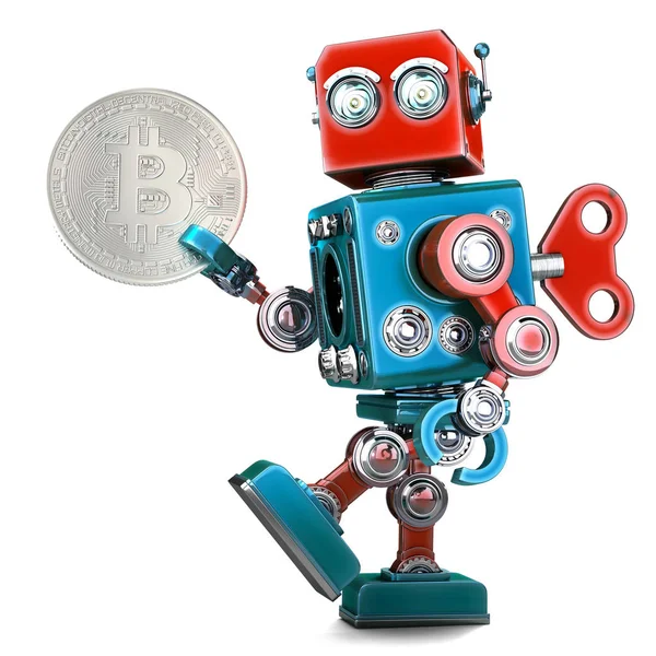 Retro-Roboter mit Bitcoin-Münze. 3D-Illustration. Vereinzelt. enthält Schnittpfad. — Stockfoto