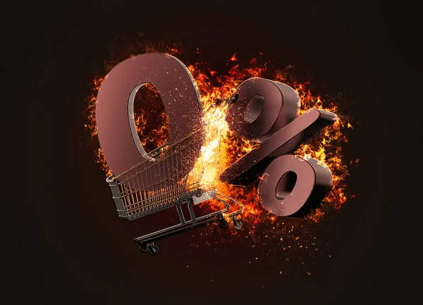 Hořící nákupního košíku a červená nula procenta slevy. 3D obrázek. — Stock fotografie