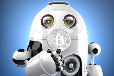 Robot bitcoin para onun elinde bakarak. 3D çizim. Kırpma yolunu içerir