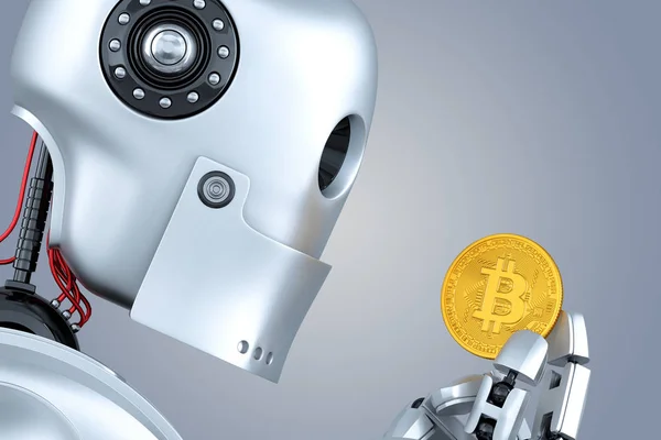 Roboter betrachtet Bitcoin-Münze in seinen Händen. 3D-Illustration. enthält Schnittpfad. — Stockfoto