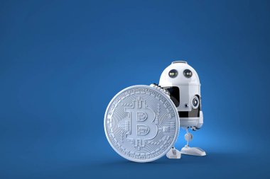 Robot büyük bitcoin madeni para ile. Teknoloji kavramı.