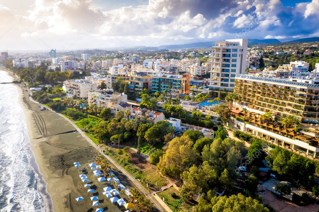 Limassol beach with the row of hotels and living houses along the coast. Cyprus