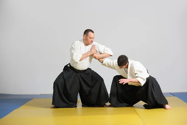 El arte marcial de Aikido. dos hombres demuestran las técnicas de —  Fotos de Stock