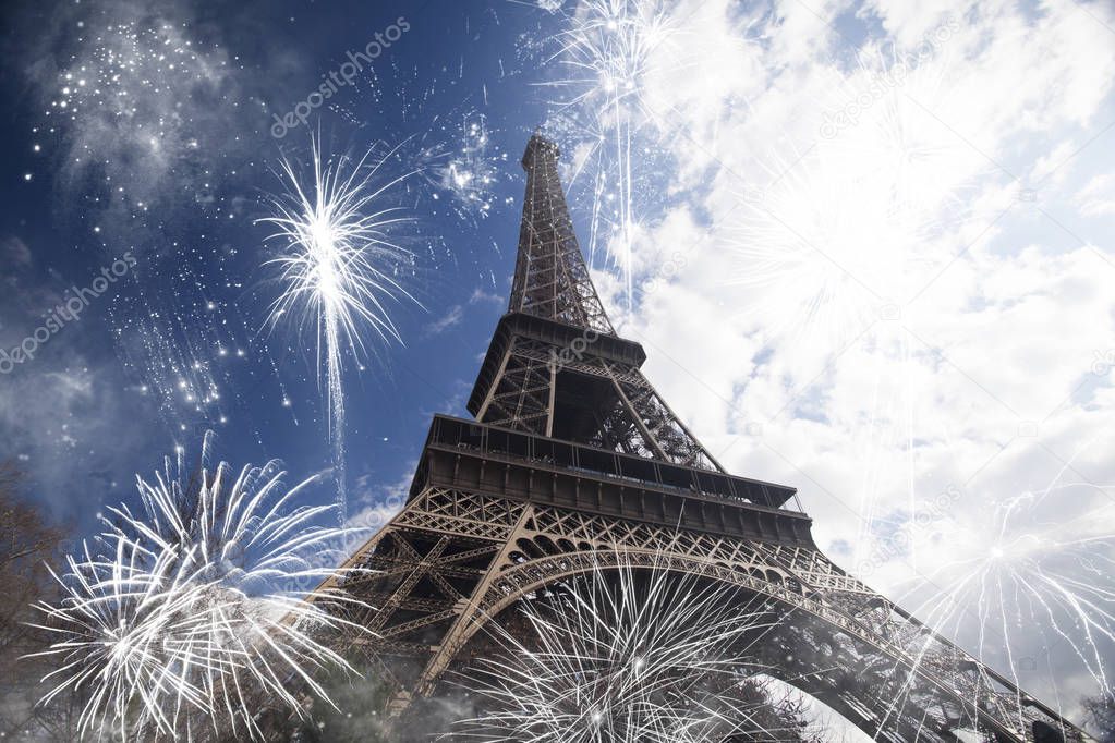 Abstract background of Eiffel tower with fireworks