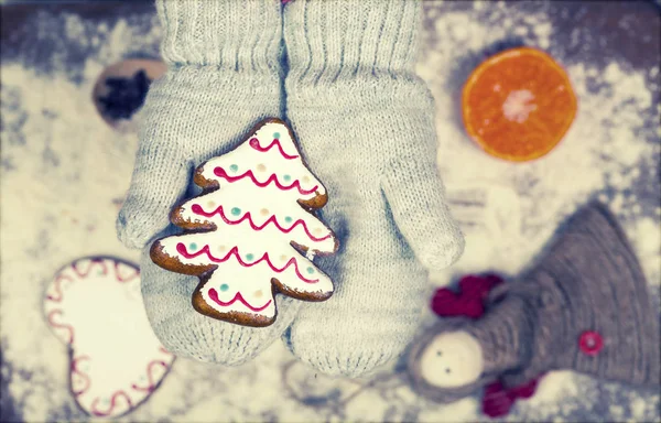 Child hands in gloves holding gingerbread cookie