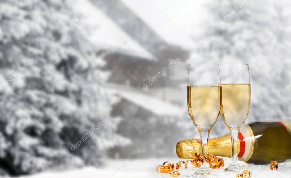 Champagne against winter background