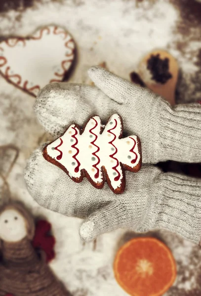 Dětské ruce v rukavicích drží cookie perník — Stock fotografie