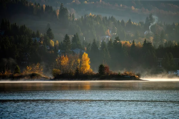 Lovely autumnal landscape with fog over the lake.