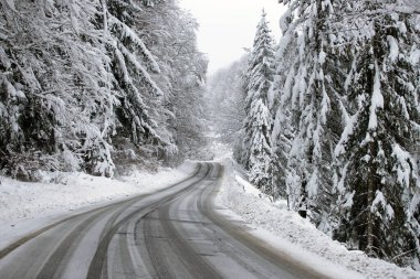 Kenarlarında kar yığınları olan boş yol.