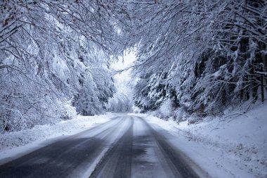 Kenarlarında kar yığınları olan boş yol.
