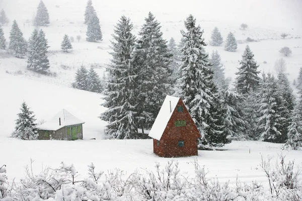 Met sneeuw bedekte hut in de bergen — Stockfoto