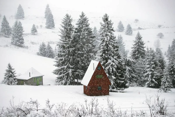 Met sneeuw bedekte hut in de bergen — Stockfoto