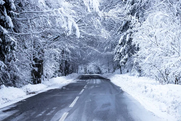 Empty road with snow banks on sides. — Stock Photo, Image