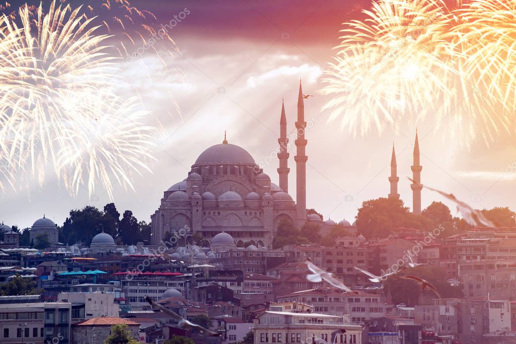 Istanbul the capital of Turkey with fireworks.