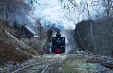 Buharlı tren raylar boyunca esiyor.