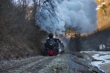 Buharlı tren raylar boyunca esiyor.