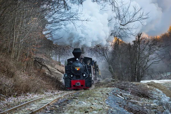 Steam train puffing along the tracks — Stock Photo, Image