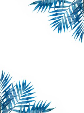 Beyaz arka planda renkli tropikal yapraklardan oluşan yaratıcı bir düzen. Kopya uzayı ile en az yaz egzotik konsepti. Sınır düzenlemesi.