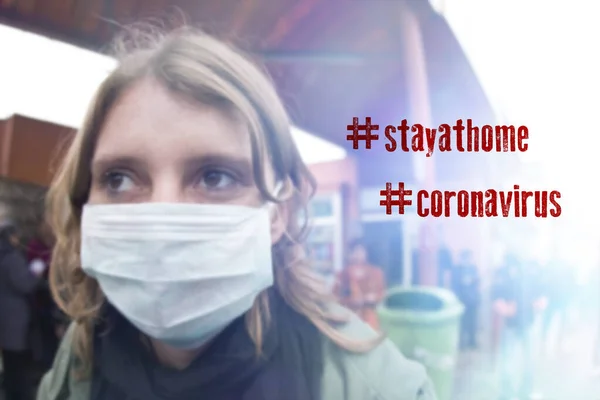 Staying at home with self quarantine to help slow outbreak and protect coronavirus spread. Woman wearing medical mask with Stay home text.