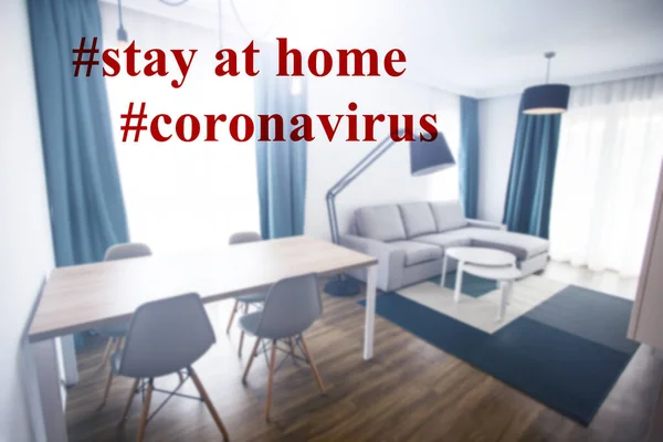 Staying at home with self quarantine to help slow outbreak and protect coronavirus spread.Appartment interior with stay at home text.