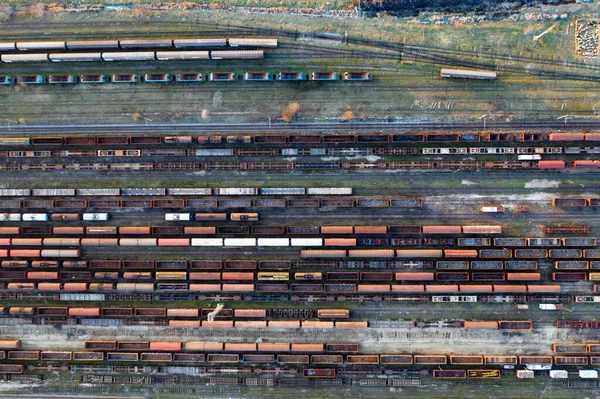 Luftaufnahme Verschiedener Eisenbahnwaggons Mit Gütern Auf Dem Bahnhof Ansicht Von — Stockfoto