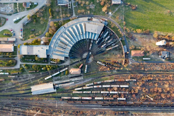 Vista Aérea Varios Trenes Transporte Ferroviario Con Mercancías Estación Tren —  Fotos de Stock