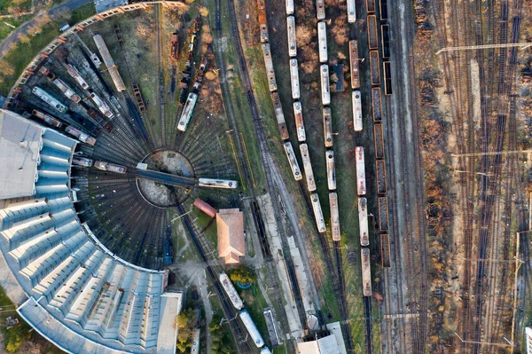 Letecký Pohled Různé Železniční Vagóny Zbožím Nádraží Pohled Shora — Stock fotografie