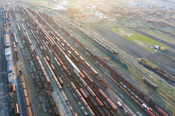 Aerial view of various railway carriage trains with goods on the railway station, top view.