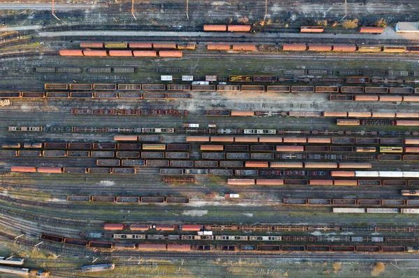 Luftaufnahme Verschiedener Eisenbahnwaggons Mit Gütern Auf Dem Bahnhof Ansicht Von — Stockfoto