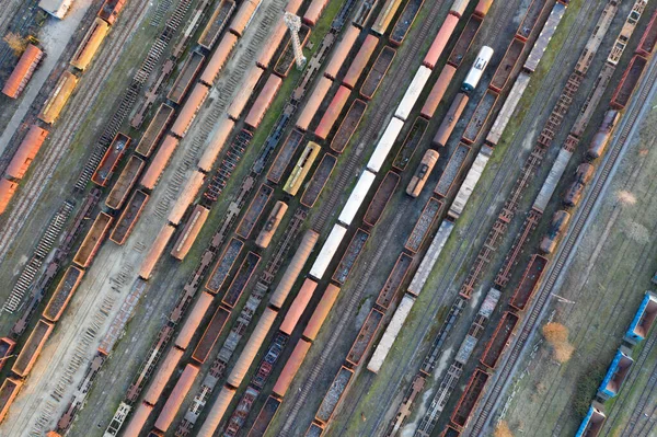 Luftaufnahme Verschiedener Eisenbahnwaggons Mit Gütern Auf Dem Bahnhof Ansicht Von — Stockfoto