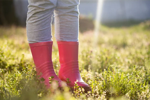 Kinderbein Rosafarbenen Wellington Stiefeln Steht Magischen Frühlingsgarten — Stockfoto