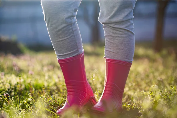 Kinderbein Rosafarbenen Wellington Stiefeln Steht Magischen Frühlingsgarten — Stockfoto