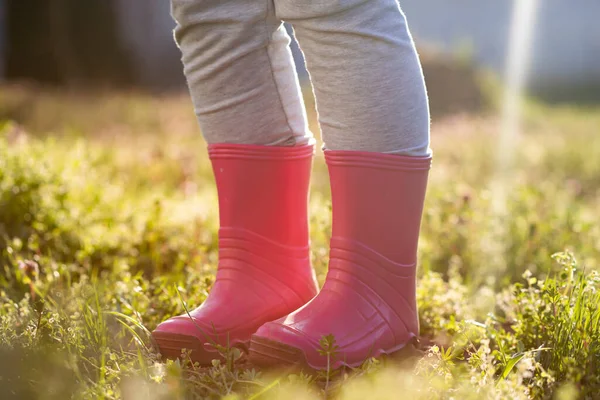 ピンクのウェリントンブーツの子供の足は魔法の春の庭に立って — ストック写真