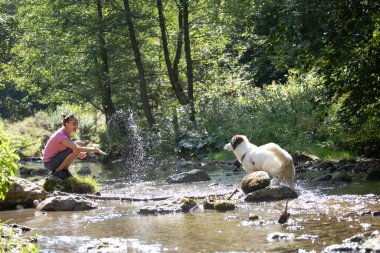Genç bir kadın ormandaki sığ nehir suyunda köpeğiyle oynuyor..
